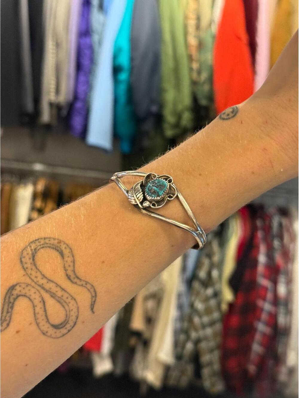 Vintage Sterling Silver Turquoise Cuff Bracelet Navajo Leaf Cuff  Southwestern